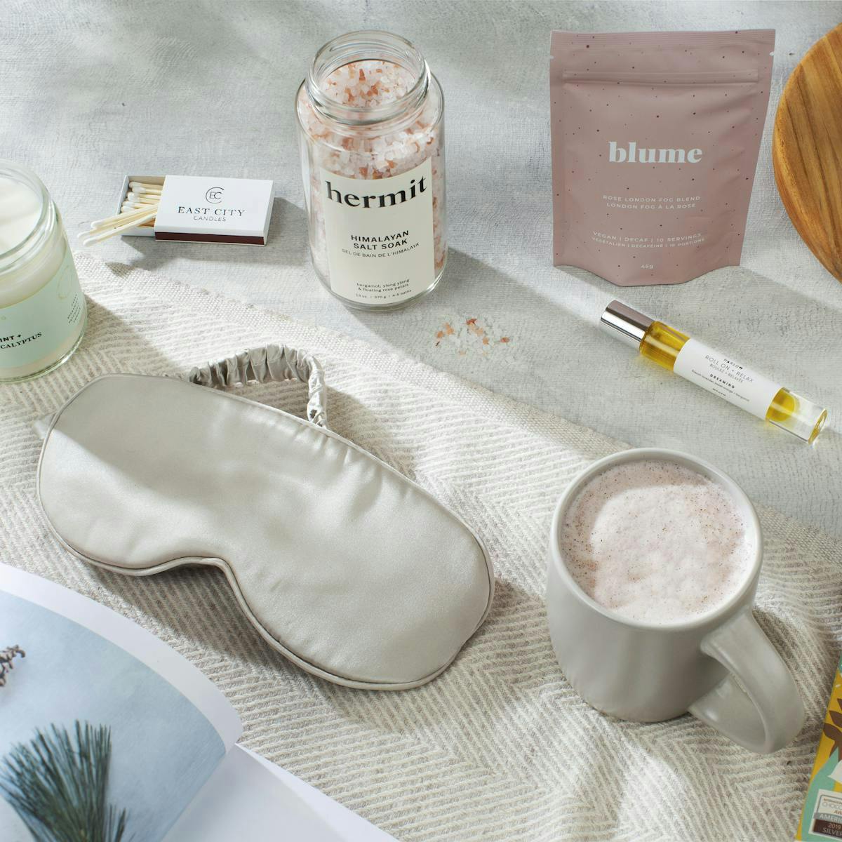 Spa gift with sleep mask, bath salts and tea