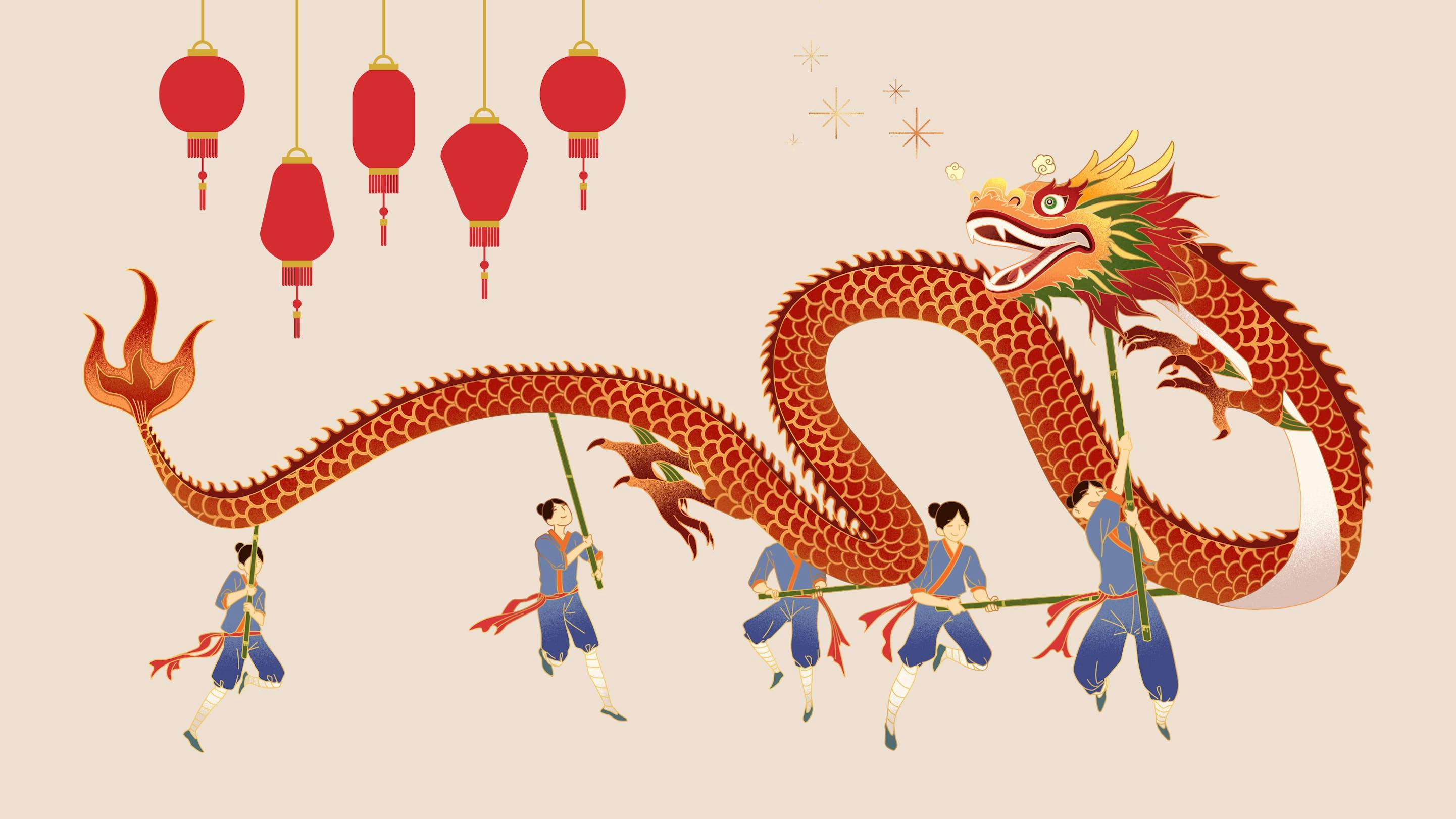 illustration of dragon dancers and dragon with red lanterns hanging above.