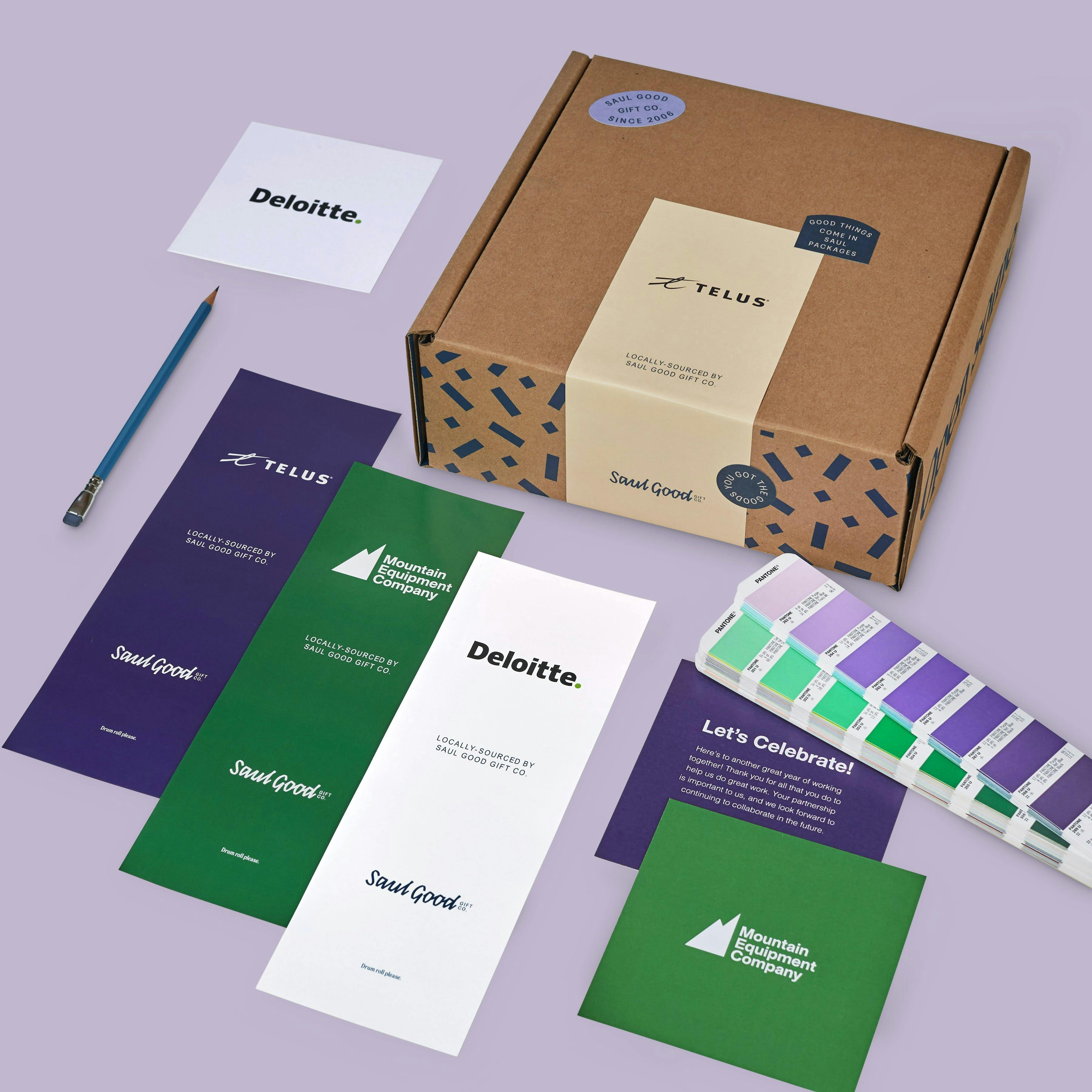 Branded gift boxes and branded greeting cards showing examples from companies like Telus, Deloitte and MEC