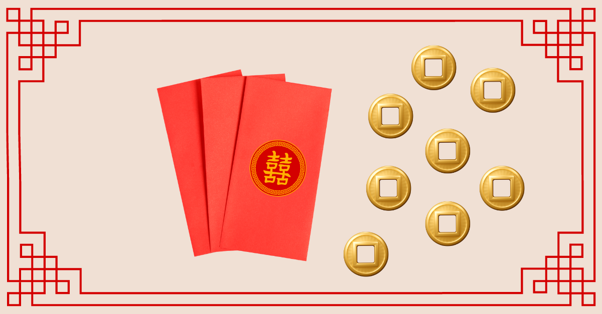 Illustration of lucky red packets and eight gold coins.